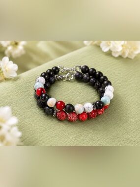 Red Agate & Lava Stone Bracelet Set